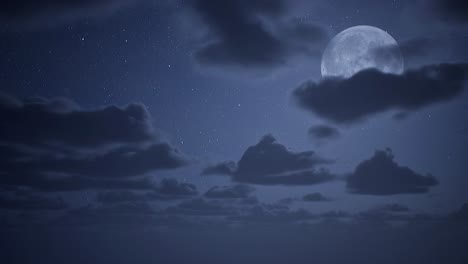 NIght-sky-with-full-moon-on-right-side,-bright-stars-and-volumetric-clouds-passing-by-3D-animation