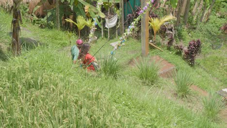 A-young-woman-in-a-red-dress-swings-playfully-in-the-scenic-rice-fields-of-Tegallalang,-Bali,-Indonesia