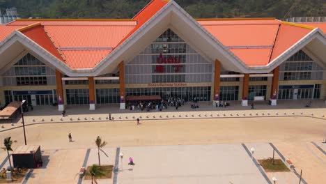 Aerial-establishing-shot-of-a-newly-constructed-Boten-Train-Station