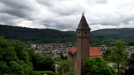 Aerial-of-the-castle-Hirschhorn-in-Germany-beside-the-river-neckar