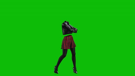 3D-invincible-woman-wearing-leather-jacket,-short-skirt-and-high-heels,-dancing-on-green-screen,-3D-animation