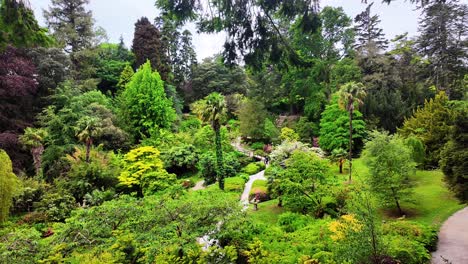 Irland,-Epische-Orte,-Powerscourt,-Wicklow,-Japanische-Gärten,-Menschen,-Die-In-Einer-Wunderschönen-Landschaft-über-Eine-Brücke-Gehen