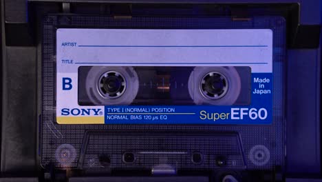 Sony-Audio-Cassette-Tape-Playing-or-Recording-Sound,-Close-Up