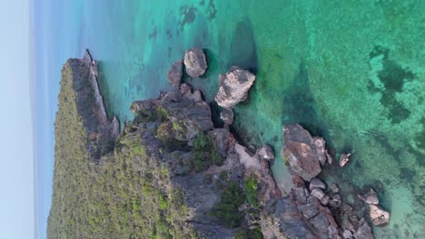 Vertical-drone-shot-of-rocky-coastline-and-bay-at-jaragua-national-park-in-Dominican-Republic