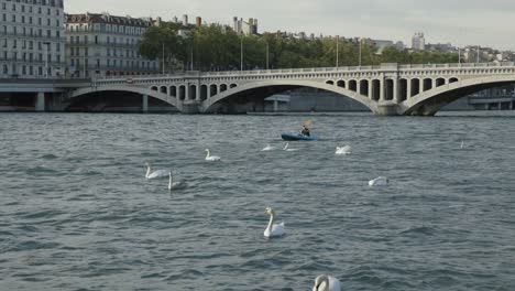 Man-Kayaking-on-the-River-in-the-City,-Sport-Activity