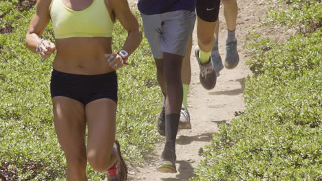 close-up-on-legs-of-a-group-of-diverse-professional-runners-run-in-a-single-file-line-down-a-dirt-trail-with-green-vegetation-lining-the-trails-in-slow-motion-slow-motion-HD