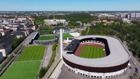 Cinematic-Establishing-Drone-Shot-Above-Helsinki-Olympic-Stadium,-Bolt-Arena