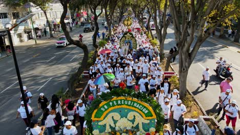 Static-aerial-view-of-a-white-clad-pilgrimage-in-the-daytime-in-Mexico-City-CDMX,-Mexico-to-the-Guadalupe-Basilica-along-a-tree-lined-road