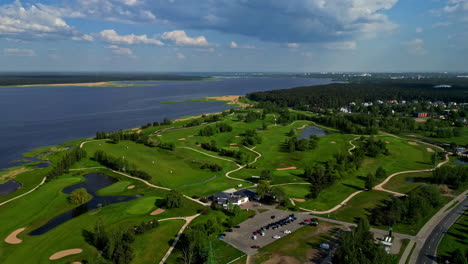 Luxurious-golf-course-in-Riga,-Latvia,-aerial-dolly-in,-green-panorama-view