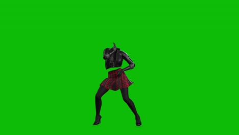 3D-invincible-woman-wearing-leather-jacket,-short-skirt-and-high-heels,-dancing-on-green-screen,-3D-animation