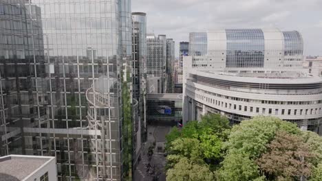 Drone-Shot-of-European-Parliament-Buildings-Complex-in-Brussels,-Belgium,-Espace-Leopold