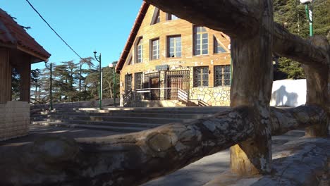 Imágenes-En-Primer-Plano-De-Un-Edificio-De-Madera-En-El-Parque-Y-árboles-De-Cedro-Desde-Atrás,-En-Chrea,-Blida,-Argelia