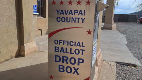 Yavapai-County-Official-Ballot-Drop-Box-Sign-in-Front-of-Jerome-Town-Hall,-Arizona-USA