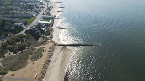 Morning-aerial-views-of-the-beach-in-Dennis-Port,-Nantucket-Sound,-MA