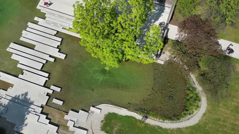 Grüner-Park-Mit-Wasser-An-Einem-Schönen-Sommertag,-Umgeben-Von-üppigem-Grün-Und-Gras