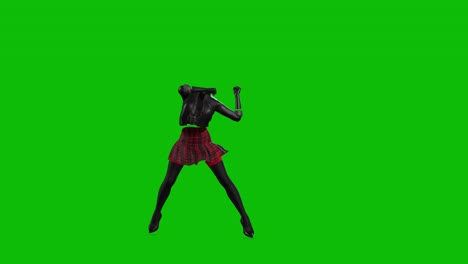 3D-invincible-woman-wearing-leather-jacket,-short-skirt-and-high-heels,-dancing-on-green-screen,-3D-animation