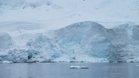 Glacier-and-Sea-on-Antarctica-Coast,-Ice-and-Coastal-Winter-Landscape,-Icy-Glacial-Scenery-with-a-Big-Glacier-Next-to-the-Sea-on-the-Antarctic-Peninsula-with-a-Crevass-and-Ice-Formations