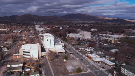 Aerial-View-of-Carson-CIty,-Nevada-USA-Downtown-Buildings-and-Street-Traffic