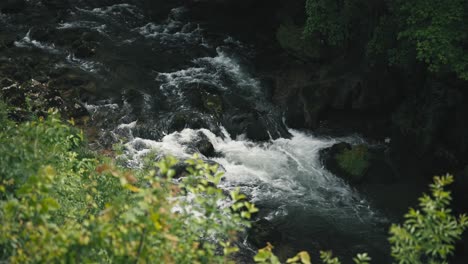 Close-up-view-of-the-Slunjčica-River-flowing-rapidly-through-lush-greenery-in-Rastoke,-Croatia