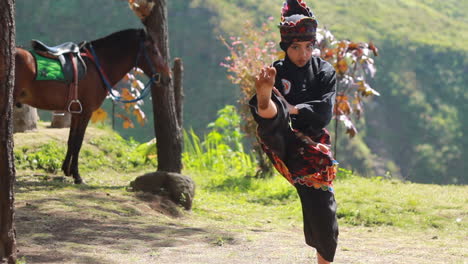 Una-Mujer-Joven-Practicando-Artes-Marciales-En-Una-Colina-Con-Un-Fondo-De-Caballo