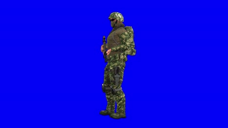 UN-soldier-wearing-military-uniform-with-combat-helmet,-face-mask,-glasses,-back-pack,-and-machine-gun,-standing-idle-on-blue-screen,-3D-animation,-side-view