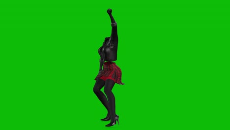 3D-invincible-woman-wearing-leather-jacket,-short-skirt-and-high-heels,-dancing-on-green-screen,-3D-animation