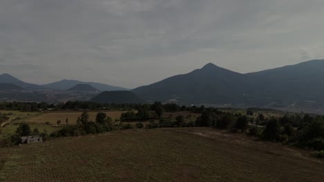 Drone-shot-in-Mexico-Michoacan,-old-town,-field-to-plant,-yellow-soil,-mountains-backgrounds