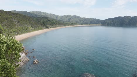 Totaranui-beach-wide-view-and-surrounding-forest-in-Abel-Tasman-National-Park,-New-Zealand