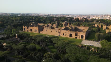 Baths-of-Caracalla,-Rome,-Italy---Establishing-Birds-Eye-View