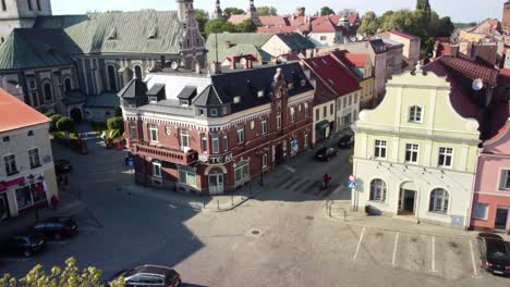 Aerial-View-Of-Zamkowa-Street-With-Medieval-Buildings-In-Głogówek,-Southern-Poland