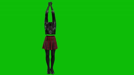 3D-invincible-woman-wearing-leather-jacket,-short-skirt-and-high-heels,-dancing-on-green-screen,-3D-animation