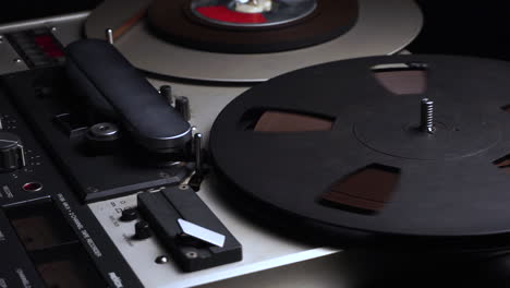 Professional-ReVox-Magnetophone-and-Spinning-Reel-to-Reel-Audio-Tape,-Close-Up