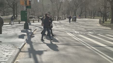 Pedestrians-waiting-then-crossing-the-street-bike-path-in-Central-Park,-Manhattan,-on-a-bright-fall-day