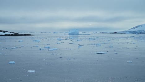 Hielo-E-Icebergs-Flotando-En-El-Mar-En-La-Antártida-Al-Atardecer,-Muchos-Pequeños-Trozos-Y-Trozos-De-Hielo-En-El-Agua-Del-Mar-Del-Océano-En-La-Península-Antártica-En-Un-Paisaje-Marino-Helado-Y-Helado-De-Invierno.