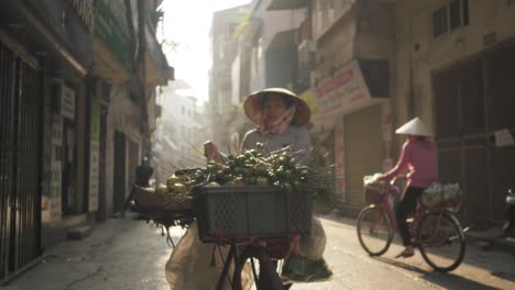 Hanoi-Street-Vendor-pushing-cart-through-street,-Vietnam