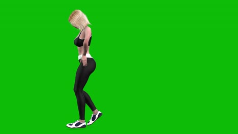 3D-female-athlete-wearing-sports-outfit,-tight-fit-black-sportswear,-cool-down-on-green-screen,-3D-loop-animation,-back-view