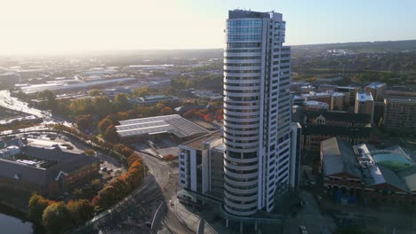 Aerial-Drone-Shot-around-Bridgewater-Place,-Leeds,-West-Yorkshire,-UK-on-Autumn-Morning-Sunrise