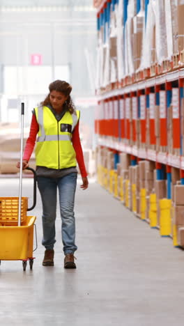 Female-warehouse-worker-walking-with-mop-and-bucket