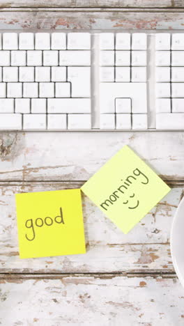 Keyboard,-cup-of-tea,-bread-and-sticky-notes-with-good-morning