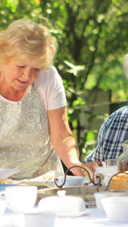 Senior-woman-serving-breakfast-in-garden