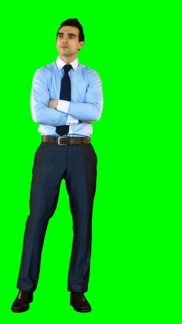 Businessman-standing-with-arms-crossed-against-green-background