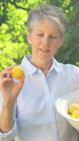 Senior-woman-holding-a-bowl-of-apricot-in-garden