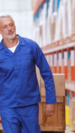 Male-warehouse-worker-using-pallet-truck