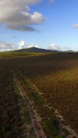 Aerial-view-of-a-dirt-road-winding-through-mountainous-terrain