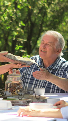 Senior-couples-having-breakfast-in-garden