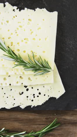 Variety-of-cheese,-olives,-biscuits-and-rosemary-herbs-on-wooden-table