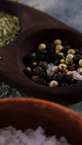 Close-up-of-salt,-speice,-black-pepper,-garlic-and-herbs