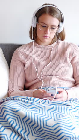 Woman-listening-to-music-with-headphones-from-her-mobile-phone