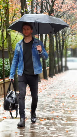 Man-holding-an-umbrella-and-walking-on-street