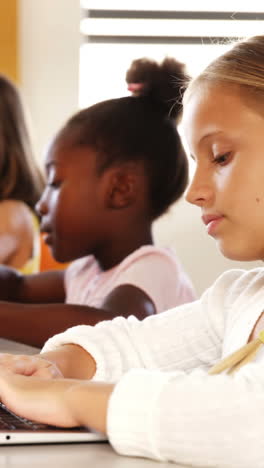 Schulmädchen-Benutzt-Laptop-Im-Klassenzimmer